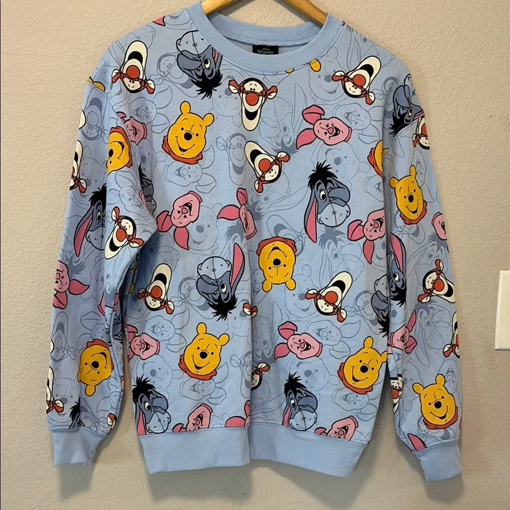 NWOT Disney Winnie the Pooh & Friends Allover Graphic Sweatshirt Light Blue XS - Picture 4 of 15